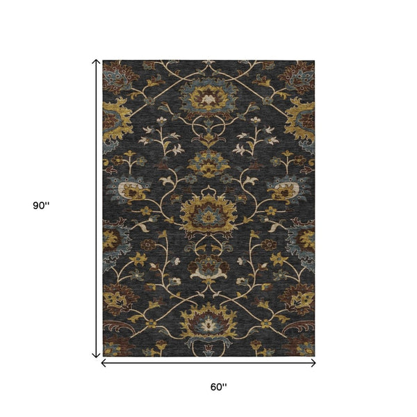 HomeRoots 5' X 8' Elegant Black Gold Blue Floral Washable Rug - Stylish, Durable, Indoor/Outdoor Versatility 657902