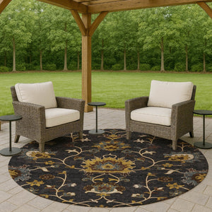 HomeRoots 8' Durable Black Gold and Blue Floral Washable Area Rug for Indoor and Outdoor Elegance and Comfort 657903