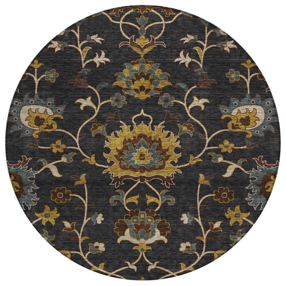 HomeRoots 8' Durable Black Gold and Blue Floral Washable Area Rug for Indoor and Outdoor Elegance and Comfort 657903
