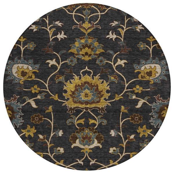 HomeRoots 8' Durable Black Gold and Blue Floral Washable Area Rug for Indoor and Outdoor Elegance and Comfort 657903