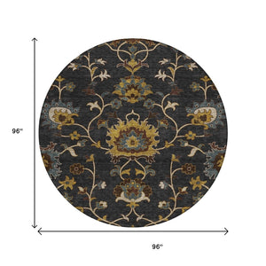 HomeRoots 8' Durable Black Gold and Blue Floral Washable Area Rug for Indoor and Outdoor Elegance and Comfort 657903