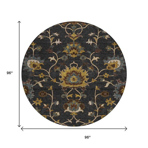 HomeRoots 8' Durable Black Gold and Blue Floral Washable Area Rug for Indoor and Outdoor Elegance and Comfort 657903
