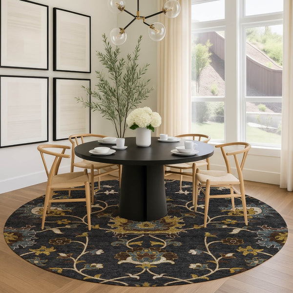 HomeRoots 8' Durable Black Gold and Blue Floral Washable Area Rug for Indoor and Outdoor Elegance and Comfort 657903