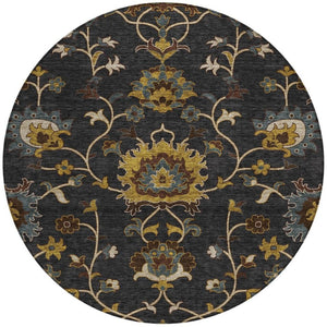 HomeRoots 8' Durable Black Gold and Blue Floral Washable Area Rug for Indoor and Outdoor Elegance and Comfort 657903