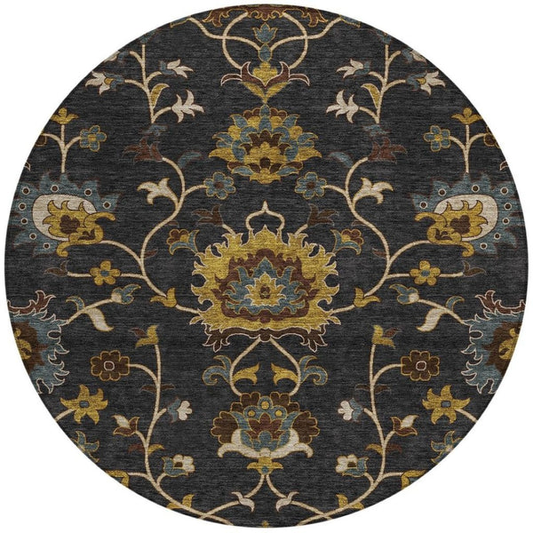 HomeRoots 8' Durable Black Gold and Blue Floral Washable Area Rug for Indoor and Outdoor Elegance and Comfort 657903