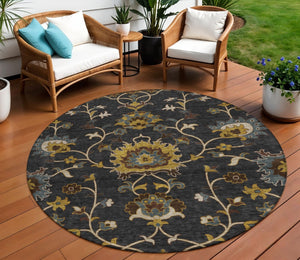 HomeRoots 8' Durable Black Gold and Blue Floral Washable Area Rug for Indoor and Outdoor Elegance and Comfort 657903