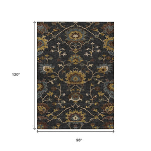 HomeRoots 8' X 10' Elegant Black, Gold & Blue Floral Washable Rug – Durable Indoor/Outdoor Area Essential! 657904