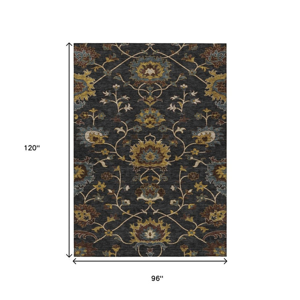 HomeRoots 8' X 10' Elegant Black, Gold & Blue Floral Washable Rug – Durable Indoor/Outdoor Area Essential! 657904