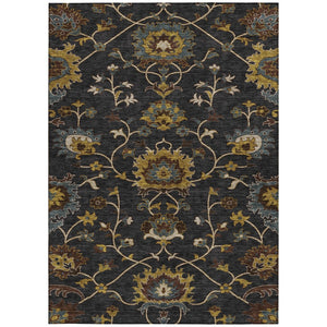 HomeRoots 8' X 10' Elegant Black, Gold & Blue Floral Washable Rug – Durable Indoor/Outdoor Area Essential! 657904