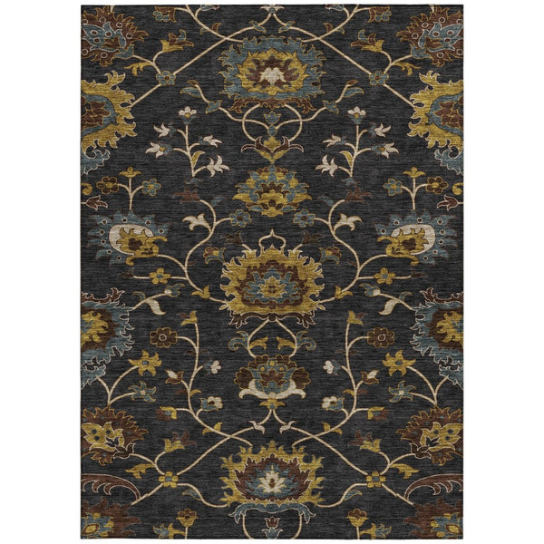 HomeRoots 8' X 10' Elegant Black, Gold & Blue Floral Washable Rug – Durable Indoor/Outdoor Area Essential! 657904