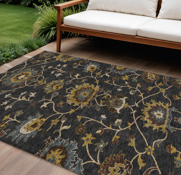 HomeRoots 10' Elegant Black, Gold & Blue Floral Washable Area Rug - Durable, Versatile for Indoor/Outdoor Use 657906