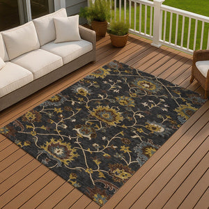 HomeRoots 10' Elegant Black, Gold & Blue Floral Washable Area Rug - Durable, Versatile for Indoor/Outdoor Use 657906