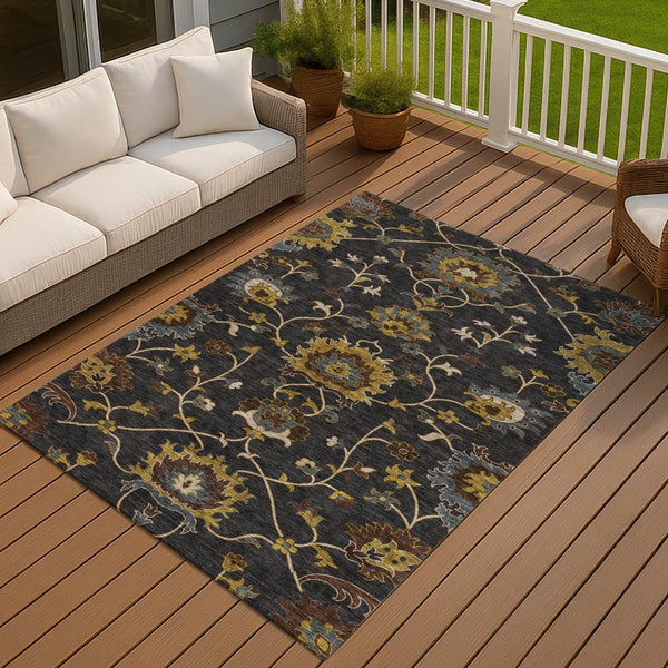 HomeRoots 10' Elegant Black, Gold & Blue Floral Washable Area Rug - Durable, Versatile for Indoor/Outdoor Use 657906