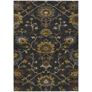HomeRoots 10' Elegant Black, Gold & Blue Floral Washable Area Rug - Durable, Versatile for Indoor/Outdoor Use 657906