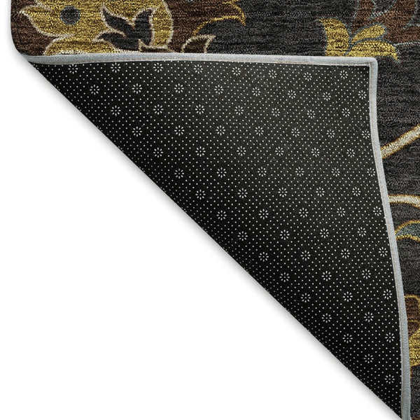 HomeRoots 10' Elegant Black, Gold & Blue Floral Washable Area Rug - Durable, Versatile for Indoor/Outdoor Use 657906