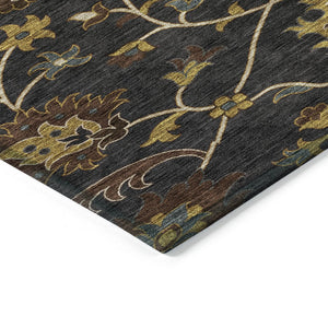 HomeRoots 10' Elegant Black, Gold & Blue Floral Washable Area Rug - Durable, Versatile for Indoor/Outdoor Use 657906