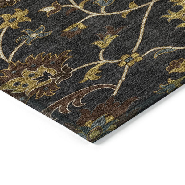 HomeRoots 10' Elegant Black, Gold & Blue Floral Washable Area Rug - Durable, Versatile for Indoor/Outdoor Use 657906