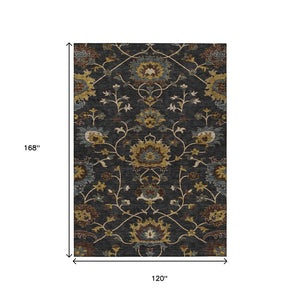 HomeRoots 10' Elegant Black, Gold & Blue Floral Washable Area Rug - Durable, Versatile for Indoor/Outdoor Use 657906