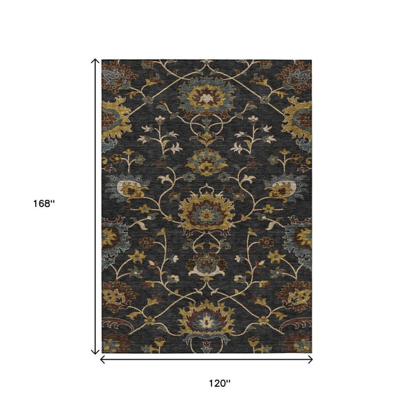 HomeRoots 10' Elegant Black, Gold & Blue Floral Washable Area Rug - Durable, Versatile for Indoor/Outdoor Use 657906