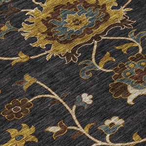 HomeRoots 10' Elegant Black, Gold & Blue Floral Washable Area Rug - Durable, Versatile for Indoor/Outdoor Use 657906