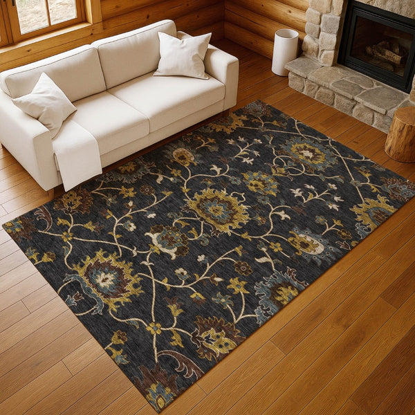HomeRoots 10' Elegant Black, Gold & Blue Floral Washable Area Rug - Durable, Versatile for Indoor/Outdoor Use 657906