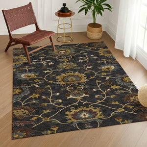 HomeRoots 10' Elegant Black, Gold & Blue Floral Washable Area Rug - Durable, Versatile for Indoor/Outdoor Use 657906