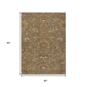 HomeRoots 5' X 8' Brown and Beige Floral Washable Area Rug - Durable, Stylish for Indoor & Outdoor Use! 657908
