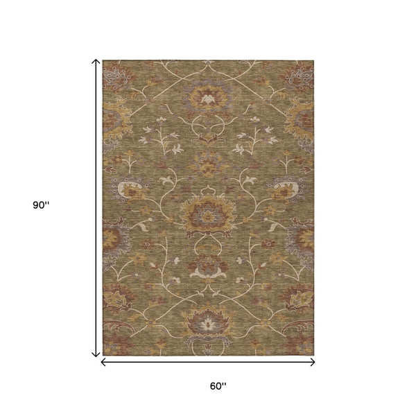 HomeRoots 5' X 8' Brown and Beige Floral Washable Area Rug - Durable, Stylish for Indoor & Outdoor Use! 657908