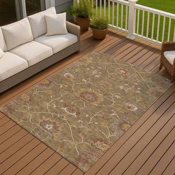 HomeRoots 5' X 8' Brown and Beige Floral Washable Area Rug - Durable, Stylish for Indoor & Outdoor Use! 657908