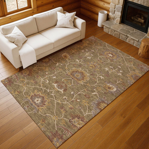 HomeRoots 5' X 8' Brown and Beige Floral Washable Area Rug - Durable, Stylish for Indoor & Outdoor Use! 657908