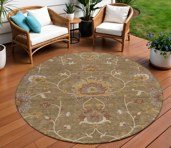 HomeRoots 8' Round Floral Washable Area Rug in Brown & Beige - Durable, Stylish for Indoor/Outdoor Spaces! 657909