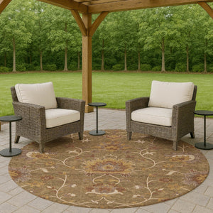 HomeRoots 8' Round Floral Washable Area Rug in Brown & Beige - Durable, Stylish for Indoor/Outdoor Spaces! 657909