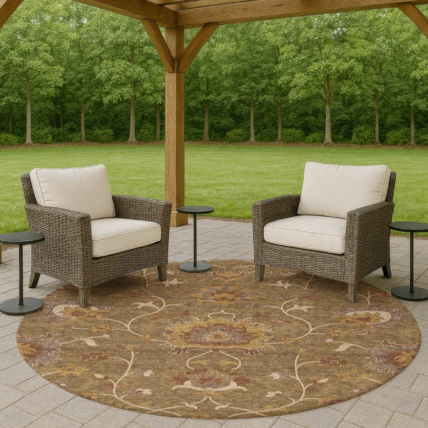 HomeRoots 8' Round Floral Washable Area Rug in Brown & Beige - Durable, Stylish for Indoor/Outdoor Spaces! 657909