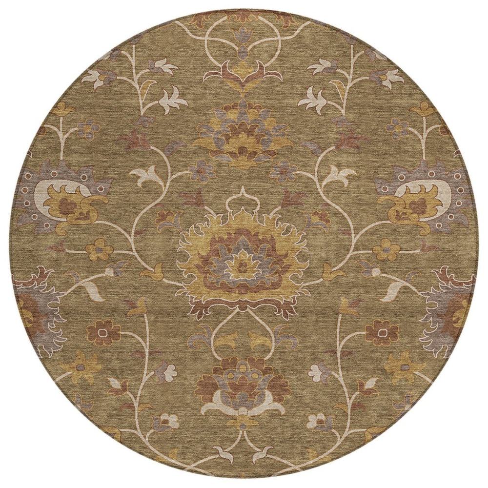 HomeRoots 8' Round Floral Washable Area Rug in Brown & Beige - Durable, Stylish for Indoor/Outdoor Spaces! 657909