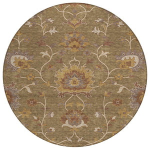 HomeRoots 8' Round Floral Washable Area Rug in Brown & Beige - Durable, Stylish for Indoor/Outdoor Spaces! 657909