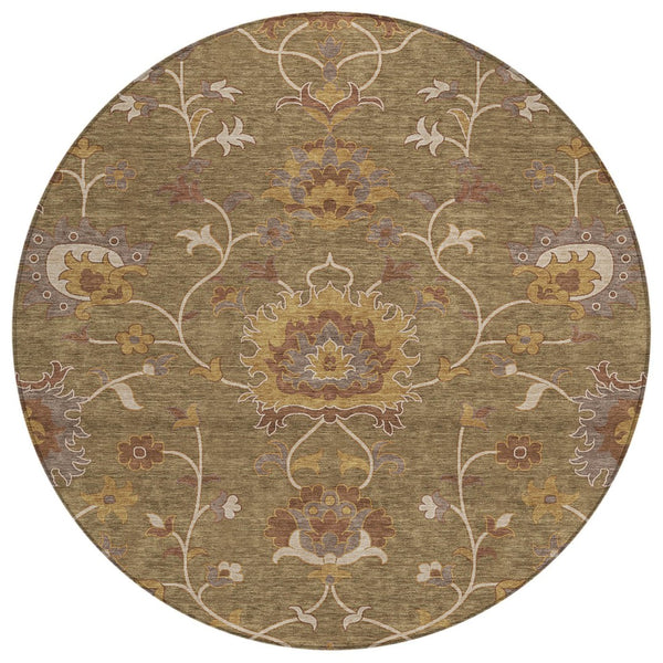 HomeRoots 8' Round Floral Washable Area Rug in Brown & Beige - Durable, Stylish for Indoor/Outdoor Spaces! 657909