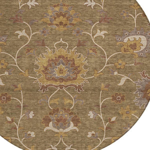 HomeRoots 8' Round Floral Washable Area Rug in Brown & Beige - Durable, Stylish for Indoor/Outdoor Spaces! 657909