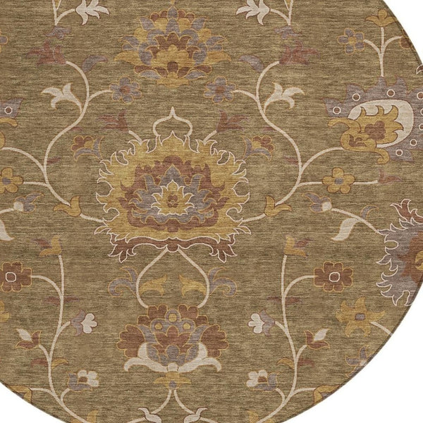 HomeRoots 8' Round Floral Washable Area Rug in Brown & Beige - Durable, Stylish for Indoor/Outdoor Spaces! 657909
