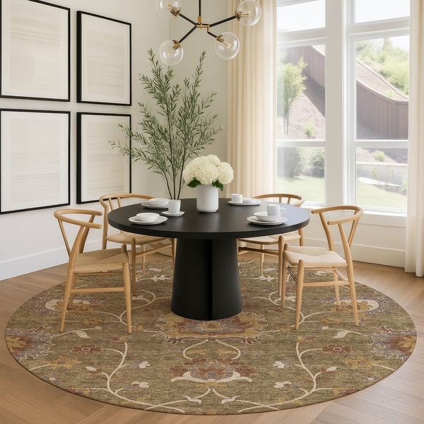 HomeRoots 8' Round Floral Washable Area Rug in Brown & Beige - Durable, Stylish for Indoor/Outdoor Spaces! 657909