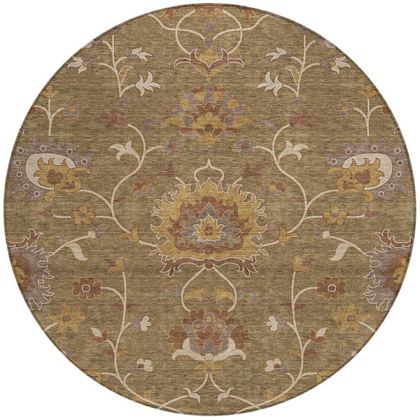 HomeRoots 8' Round Floral Washable Area Rug in Brown & Beige - Durable, Stylish for Indoor/Outdoor Spaces! 657909