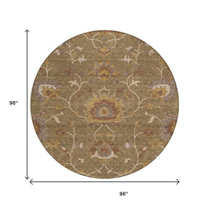 HomeRoots 8' Round Floral Washable Area Rug in Brown & Beige - Durable, Stylish for Indoor/Outdoor Spaces! 657909
