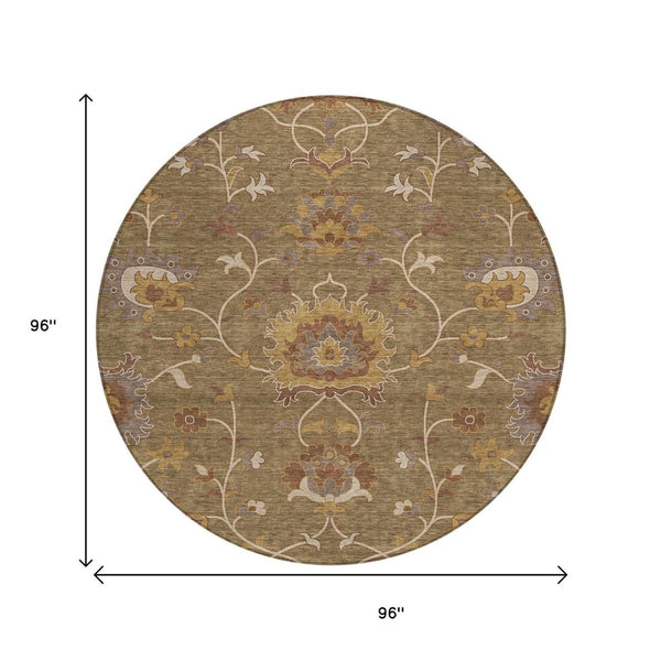 HomeRoots 8' Round Floral Washable Area Rug in Brown & Beige - Durable, Stylish for Indoor/Outdoor Spaces! 657909