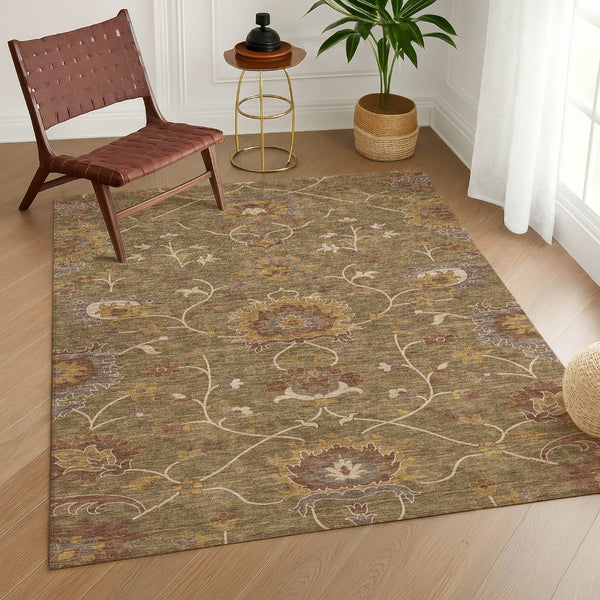 HomeRoots 9' X 12' Brown and Beige Floral Area Rug - Washable, Durable, Perfect for Indoor & Outdoor Spaces 657911