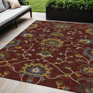 HomeRoots 5' Burgundy Gold and Gray Floral Area Rug – Durable, Washable Design for Indoor & Outdoor Spaces! 657914