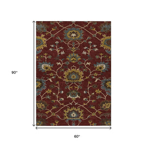 HomeRoots 5' Burgundy Gold and Gray Floral Area Rug – Durable, Washable Design for Indoor & Outdoor Spaces! 657914