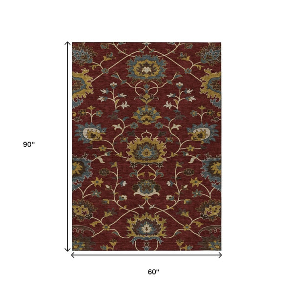 HomeRoots 5' Burgundy Gold and Gray Floral Area Rug – Durable, Washable Design for Indoor & Outdoor Spaces! 657914