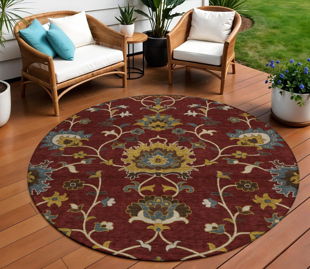 HomeRoots 8' Round Floral Area Rug in Burgundy, Gold & Gray – Durable, Washable, Indoor/Outdoor Use! 657915