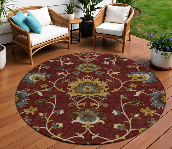 HomeRoots 8' Round Floral Area Rug in Burgundy, Gold & Gray – Durable, Washable, Indoor/Outdoor Use! 657915