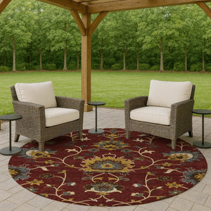HomeRoots 8' Round Floral Area Rug in Burgundy, Gold & Gray – Durable, Washable, Indoor/Outdoor Use! 657915