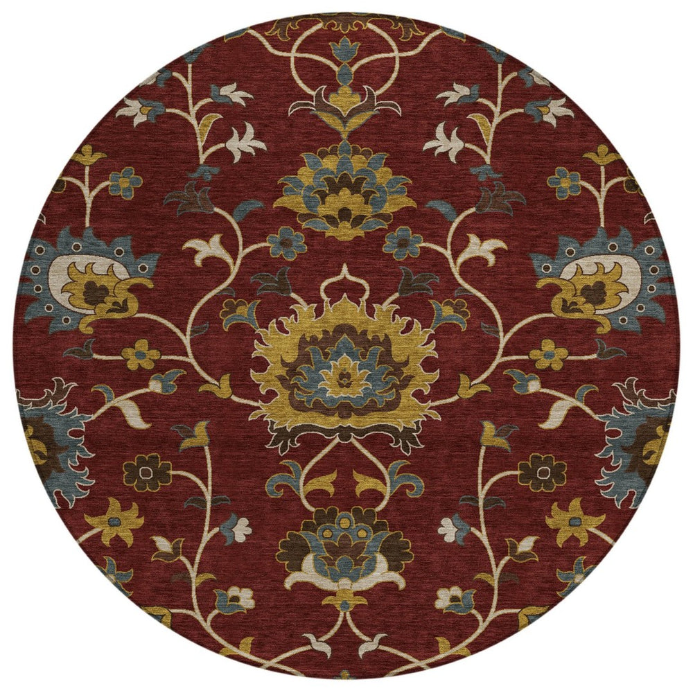 HomeRoots 8' Round Floral Area Rug in Burgundy, Gold & Gray – Durable, Washable, Indoor/Outdoor Use! 657915